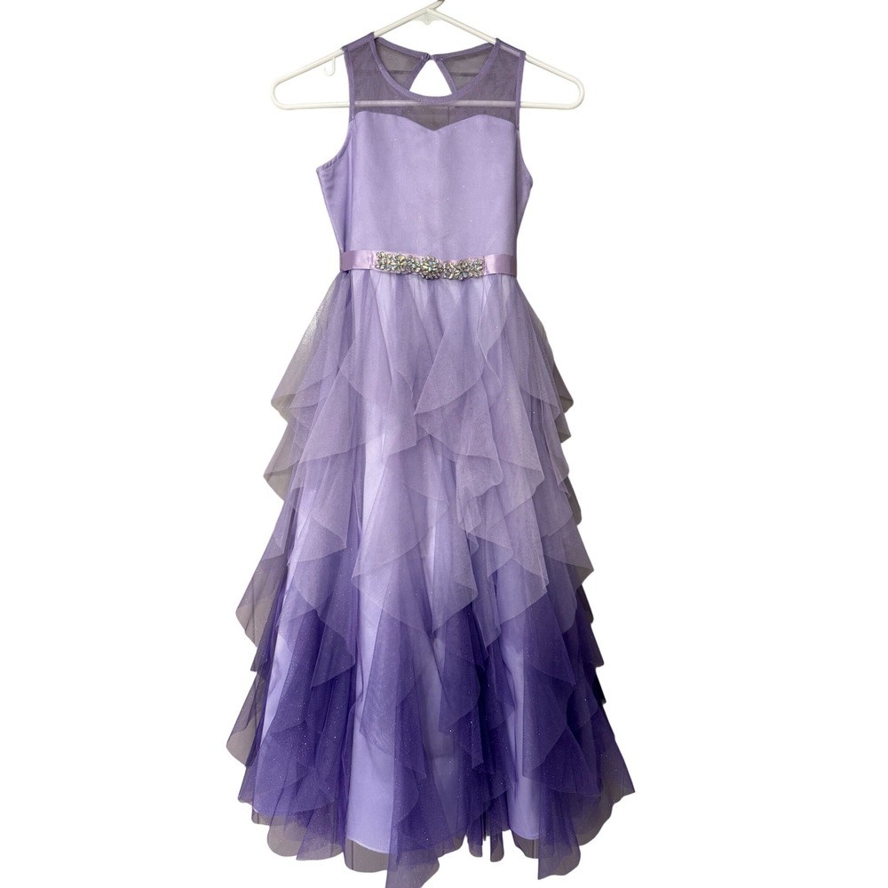 Rare Editions Girls Purple Ombre Ruffle Formal Dress Rhinestone Belt Size 10